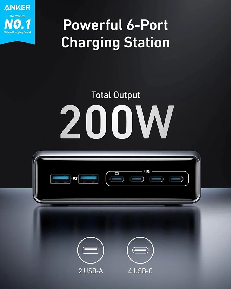 Anker Prime 200W 6-Port Desktop Charging Station (4 USB-C & 2 USB-A) view 2