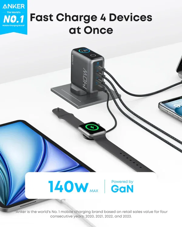 Anker Zolo (140W, 4-PORTS, PD 3.1) Adapter With USB-C Cable - Black view 2