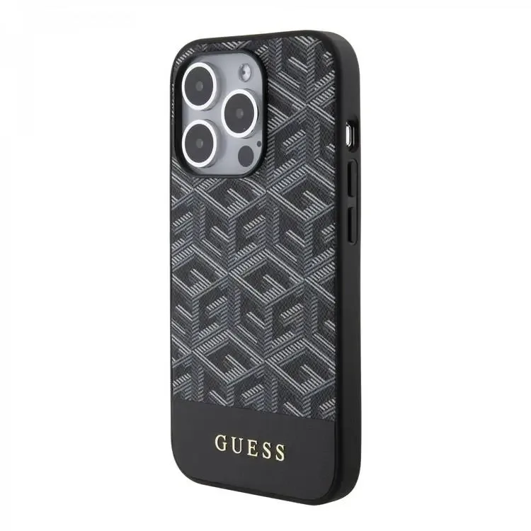 Guess Magsafe Leather Case With Gcube Stripe Pattern For iPhone 15 Promax - Black