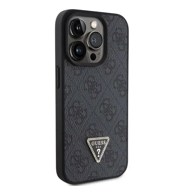 Guess Pu Leather Case With 4G Triangle Strass & Triangle Logo For iPhone 15 Pro - Black