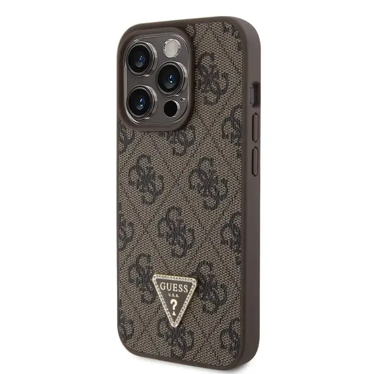Guess Pu Leather Case With 4G Triangle Strass & Triangle Logo For iPhone 15 Pro - Brown