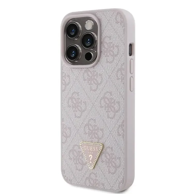 Guess Pu Leather Case With 4G Triangle Strass & Triangle Logo For iPhone 15 Pro - Pink