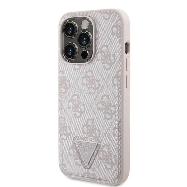 Guess Pu Leather Case With Double Card Slot 4G Double Triangle Logo For iPhone 15 Pro - Pink