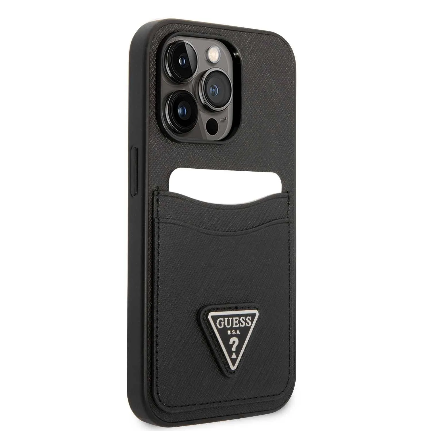 Guess Saffiano Case With Double Card Slot & Triangle Logo For iPhone 15 Pro - Black
