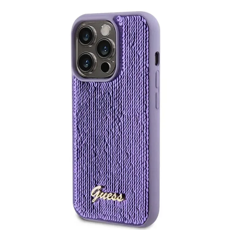 Guess Sequin Script Case With Guess Metal Logo For iPhone 15 Pro - Purple