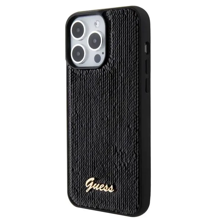 Guess Sequin Script Case With Guess Metal Logo For iPhone 15 Promax - Black
