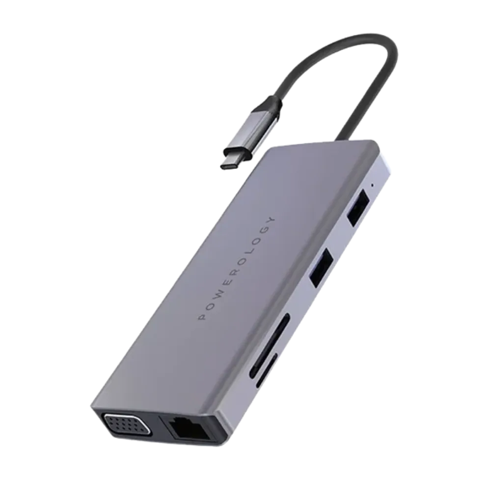 Powerology 11-IN-1 USB-C Hub With Ethernet, HDMI And VGA - Gray