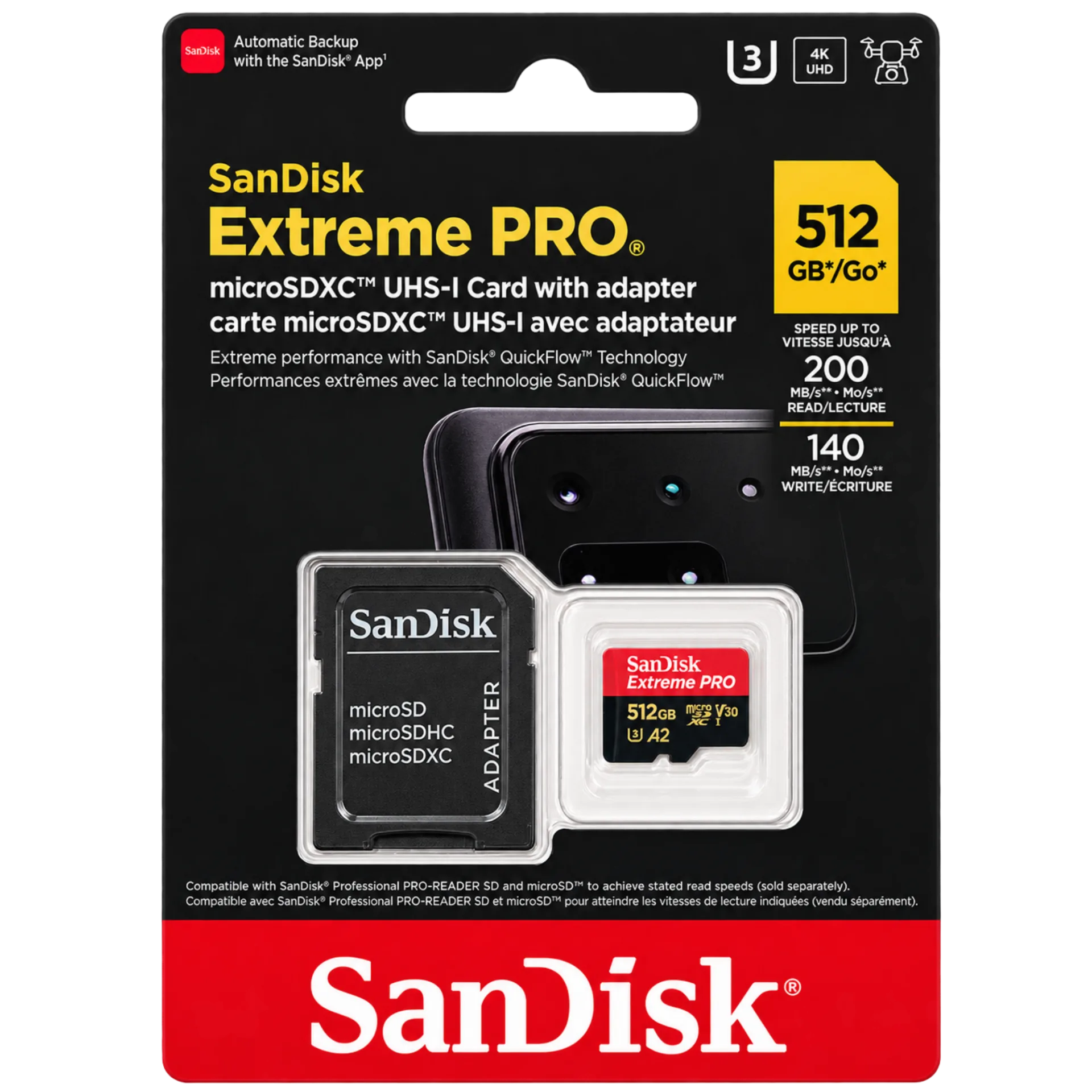 SanDisk 512GB Extreme PRO microSDXC UHS-I Memory Card with Adapter (SDSQXCD-512G-GN6MA)