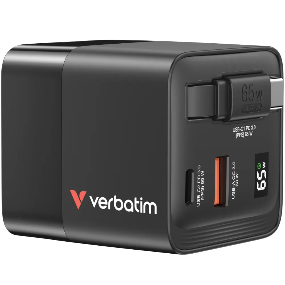 Verbatim GaN Wall Charger 65W 2-Port with Retractable USB-C Cable (32217)